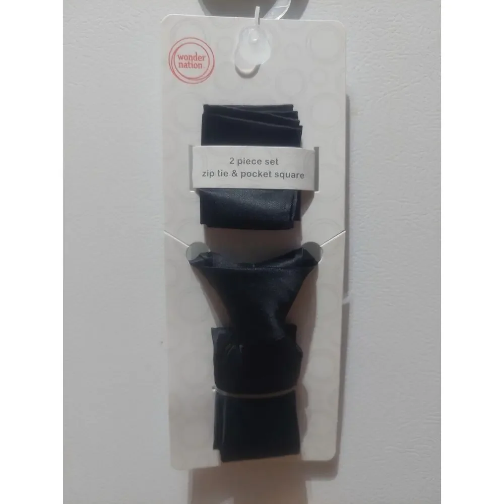 Wonder Nation 2 Piece Set Black Zip Tie & Pocket Square Kids Ages 3+ New